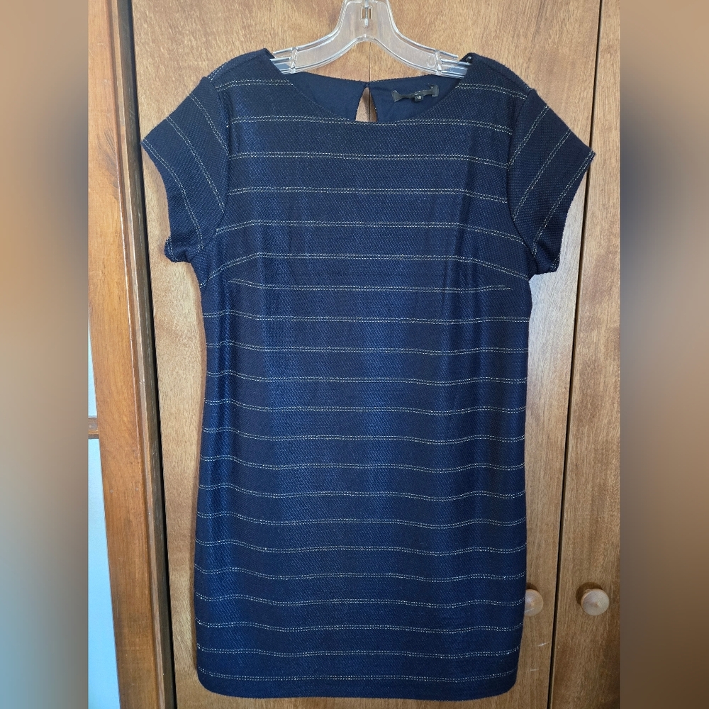 Navy Blue Short Sleeve Shift Dress with Subtle Metallic Stripes